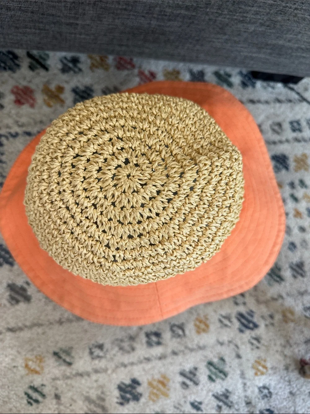 Vintage Y2K Tropical Trends Crochet Straw Sun Hat Coral Peach Wide Brim - Picture 5 of 7